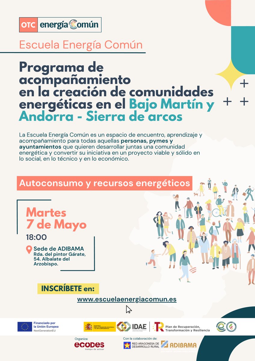 El martes 7 de mayo, a las 18 h, en la sede de ADIBAMA, en Albalate del Arzobispo; segybda sesión de la Escuela Energía Común, promovido por @ecodes y la @AragonRural. Donde hablaremos sobre 'Autoconsumo y recursos energéticos¨. energiacomun.org/otc/presencial…