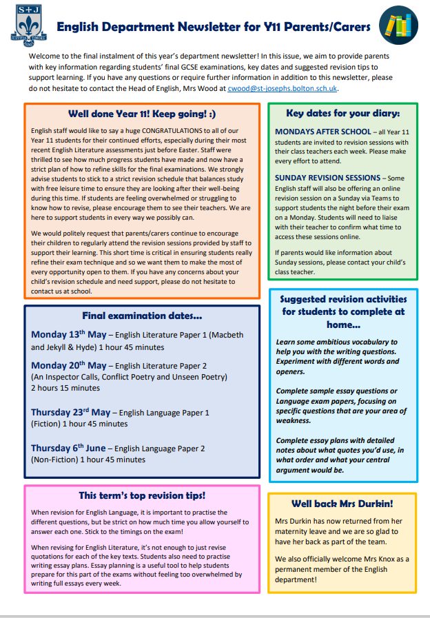 English department newsletter for year 11 parents and carers.