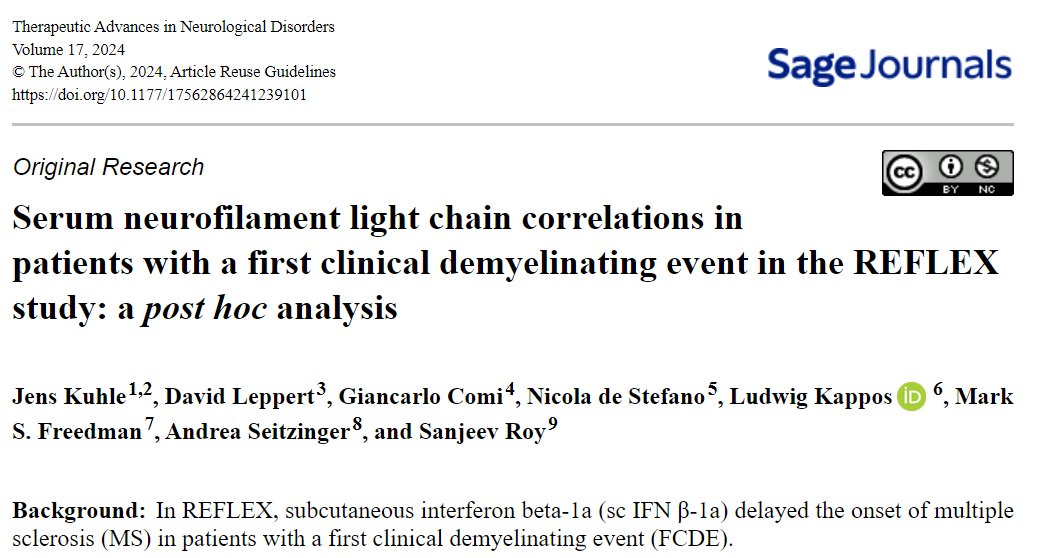 🧠 Serum neurofilament light levels may predict #MultipleSclerosis conversion. Explore insights from the REFLEX study's post hoc analysis on baseline sNfL correlations and treatment outcomes. @JensKuhle @MSDoc_Freedman Read more: journals.sagepub.com/doi/full/10.11…