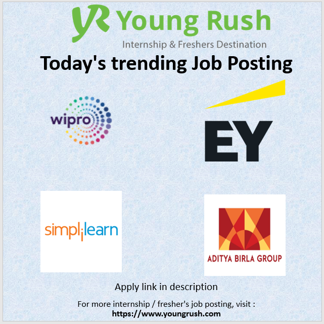 Today's trending Internship & Fresher's Job Postings:

Wipro : t.ly/n7X8j
EY : t.ly/21Pxp
Simplilearn : t.ly/nOgEU
AdityaBirla : t.ly/U_ax7

#youngrush #internships #freshers #hiring