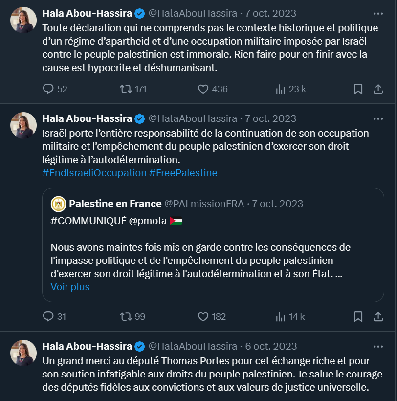 @MathieuHanotin @HalaAbouHassira @VilleSaintDenis Voici son fil le 7 octobre🤢. Je t'en foutrais du contexte moi, justifiant des têtes tranchées, des viols collectifs et des corps démembrés qu'ils ont fait défiler sous les 'allah akbar' de la foule. Un peu de clientélisme à la mairie de #saintdenis depuis quelques temps non ?