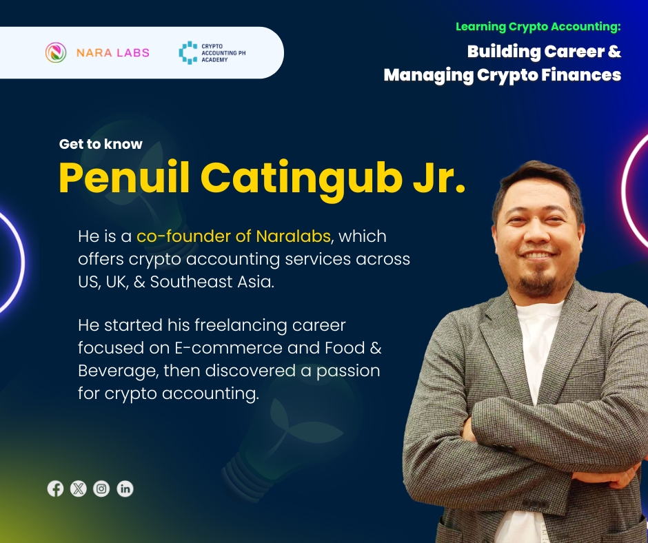 Let's get to know our speaker, Mr. Penuil, for the FREE CRYPTO ACCOUNTING TRAINING ⬇️

If you like to join this FREE CRYPTO ACCOUNTING TRAINING, then click this link: naralabsconsultancy.com/webinar

 See you there! 😉👍

#Web3 #Cryptocurrency #Accounting #CryptoAccounting #FreeWebinar