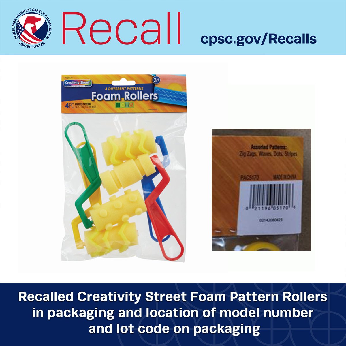 #RECALL: Dixon Ticonderoga recalls Creativity Street Foam Pattern Rollers due to violation of Federal Lead Content Ban. Get refund. CONTACT: 800-333-2545, compliance@dixonusa.com or online: dixonticonderogacompany.com/recalls/ Full recall release: cpsc.gov/Recalls/2024/D…