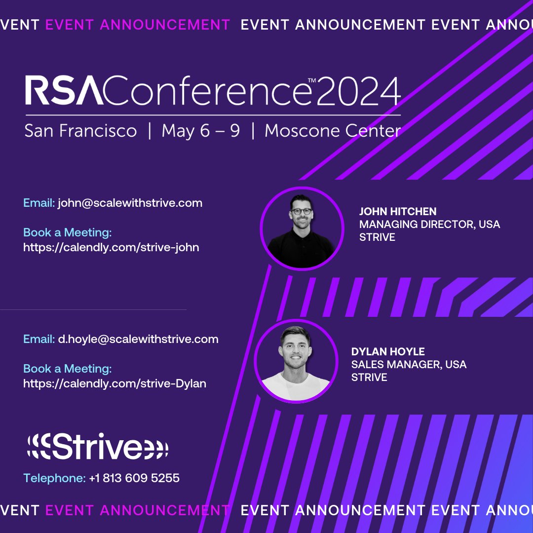 We're pleased to confirm that John Hitchen and Dylan Hoyle will both be attending the #RSA Conference in San Francisco next week!

Drop them a message or book into their diaries (info below) to arrange a meet!

#scalewithstrive #cybersecurity #cyber #cybersecurityrecruitment