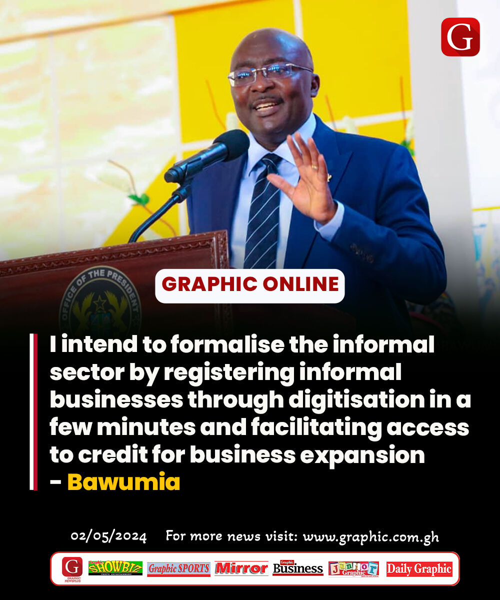 I intend to formalise the informal sector by registering informal businesses through digitisation in a few minutes and facilitating access to credit for business expansion- Bawumia Read more here: graphic.com.gh/news/general-n… #dailygraphic #graphiconline #GhanaNews