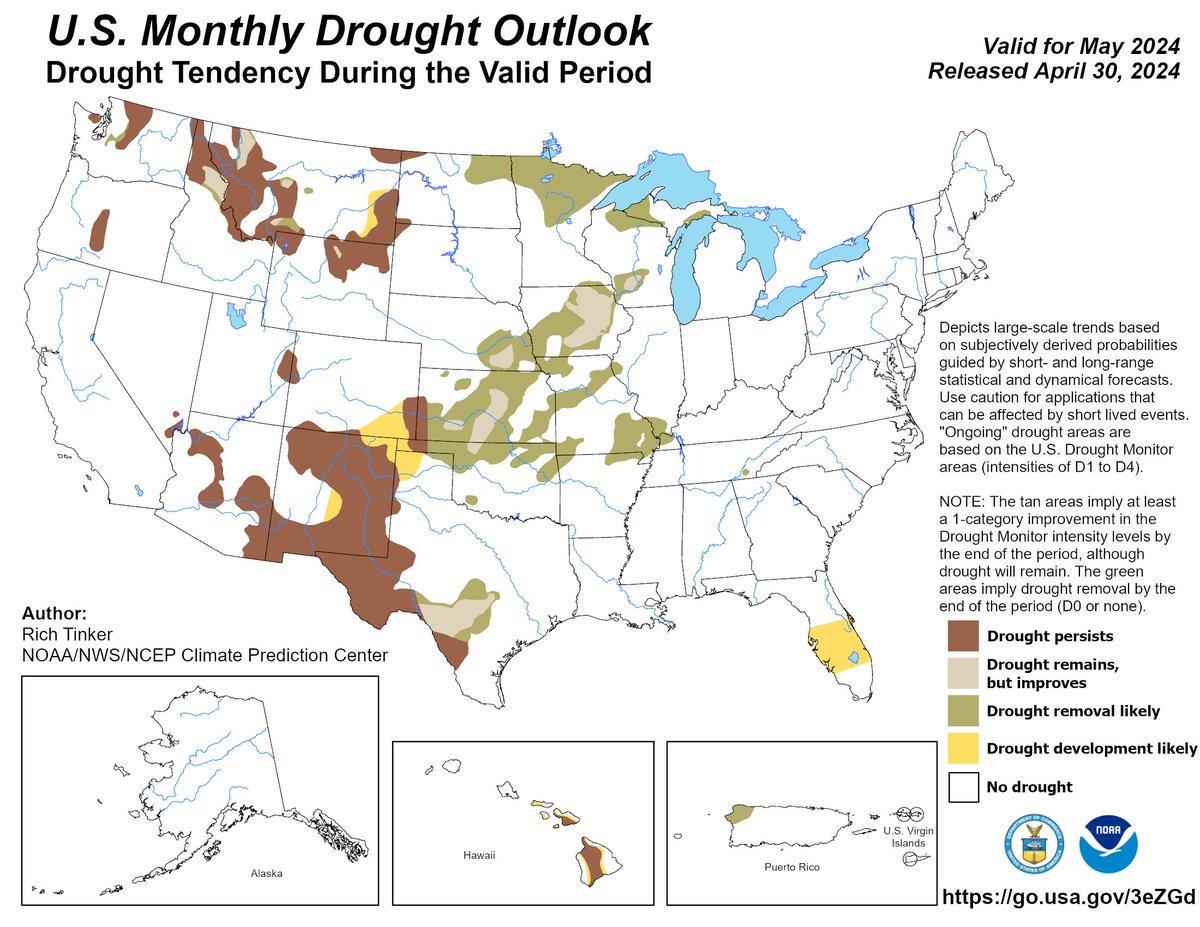 NIDIS Drought.gov (@noaadrought) on Twitter photo May Drought Outlook
Improvement/Removal expected for all drought in the Midwest. Large parts of the Plains + pockets in the Northwest/N. Rockies too.
Development in FL (see #DroughtMonitor released today), MT, HI, and part of CO/OK/NM/TX.
cpc.ncep.noaa.gov <a href="/NOAA/">NOAA</a> <a href="/NWSCPC/">NWS Climate Prediction Center</a> May Drought Outlook
Improvement/Removal expected for all drought in the Midwest. Large parts of the Plains + pockets in the Northwest/N. Rockies too.
Development in FL (see #DroughtMonitor released today), MT, HI, and part of CO/OK/NM/TX.
cpc.ncep.noaa.gov <a href="/NOAA/">NOAA</a> <a href="/NWSCPC/">NWS Climate Prediction Center</a>