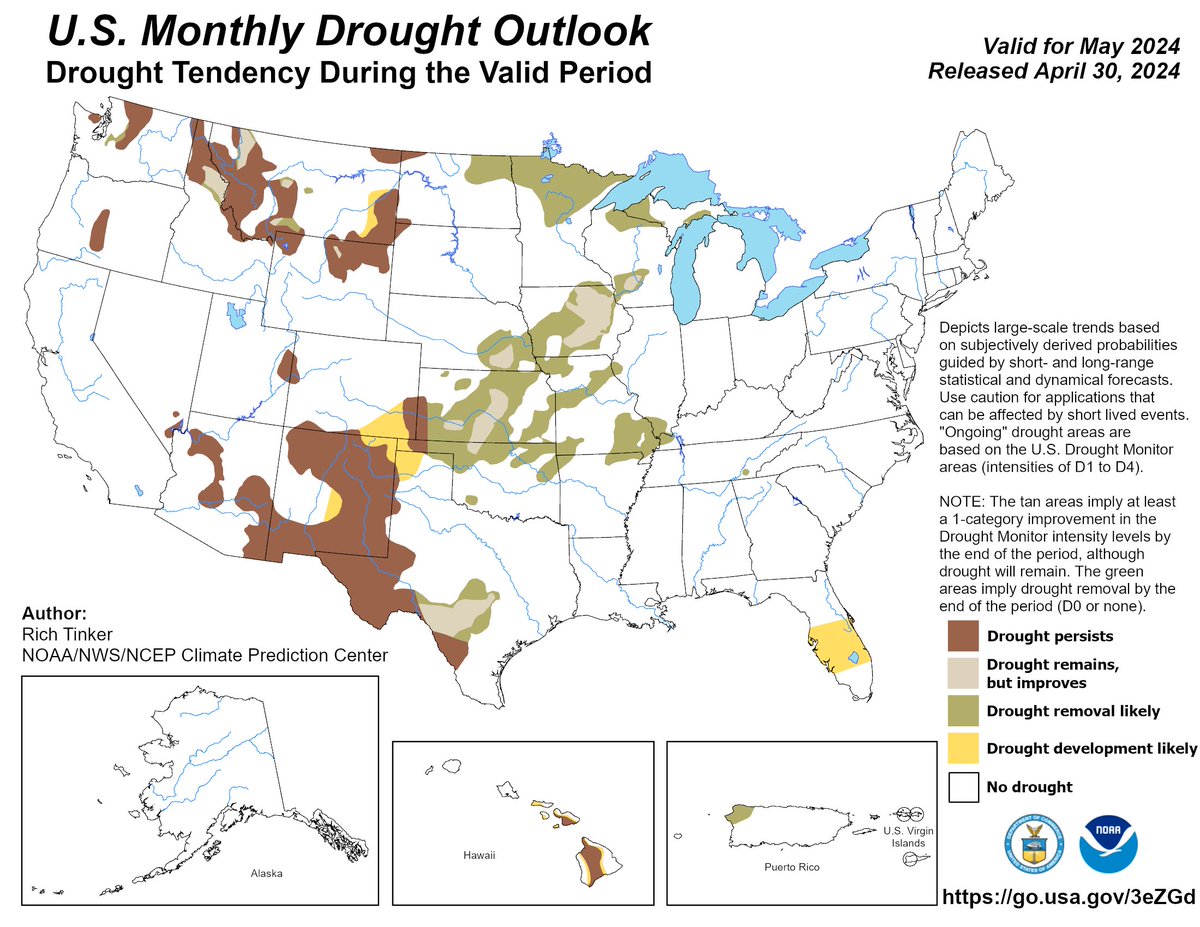 May Drought Outlook Improvement/Removal expected for all drought in the Midwest. Large parts of the Plains + pockets in the Northwest/N. Rockies too. Development in FL (see #DroughtMonitor released today), MT, HI, and part of CO/OK/NM/TX. cpc.ncep.noaa.gov @NOAA @NWSCPC