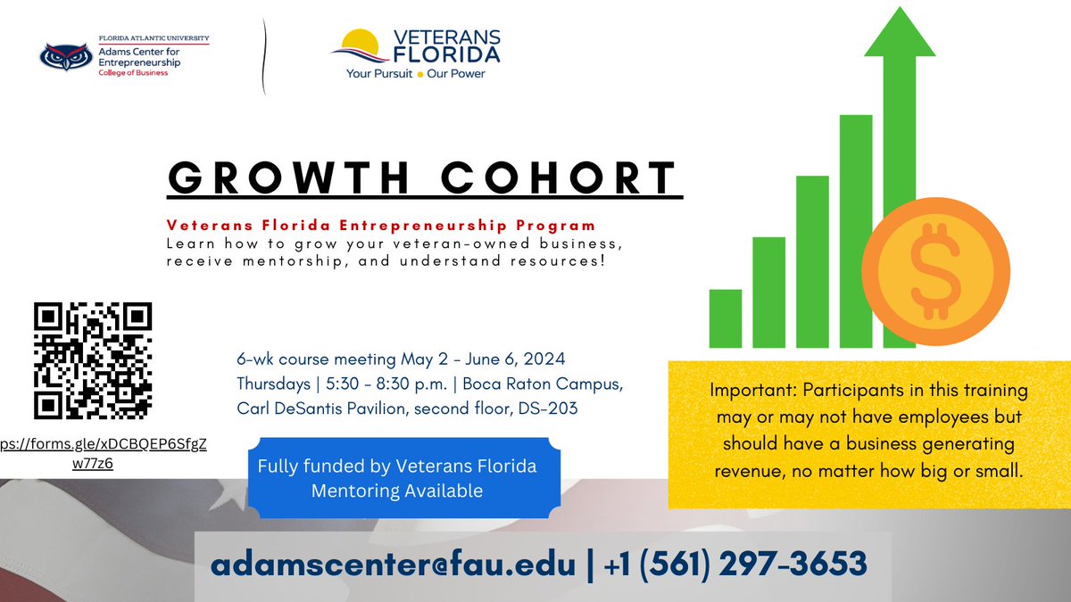 Florida Veterans - Ready to take your business to new heights? Join us for the Florida Atlantic Veterans Florida Entrepreneurship Program Growth Cohort, fully funded by Veterans Florida. Limited seats available, kicking off tonight! @faubusiness @FloridaAtlantic