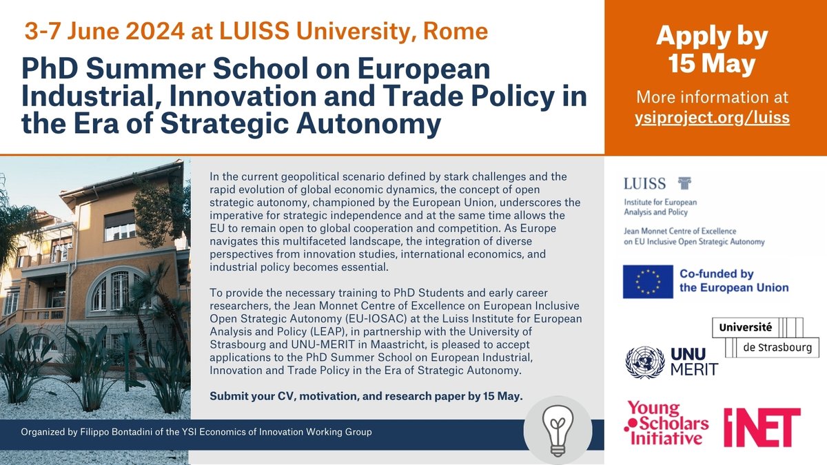 🔥PhD Summer School that combines theoretical overviews with hands-on learning experiences at @UniLUISS in Rome. Themes include industrial policy, innovation policy, trade policy, and global value chains. 👉Submit your CV, motivation, and paper at ysiproject.org/luiss !