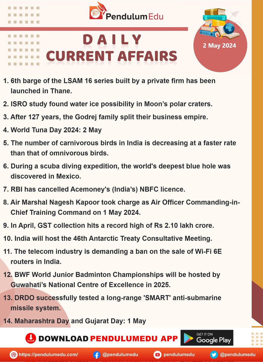 🌹Current Affairs🌹

Here 👇👇 is the important Current Affairs of 2nd May, 2024. 

#UPSC #TSPSC #APPSC #KPSC
 #RPSC #GPSC #NPSC #TNPSC
     #CurrentAffairs #May #GS
 (Data courtesy: #PendulumEdu)