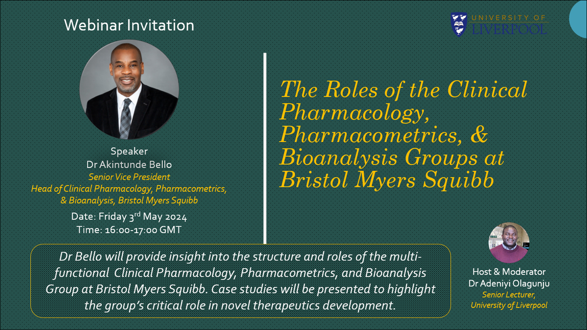 You're invited!
In this exciting webinar, Dr Bello will provide insight into the structure and roles of the multi-functional Clinical Pharmacology, Pharmacometrics, and Bioanalysis Group at BMS.

To receive joining details, please register here: events.teams.microsoft.com/event/06ead1d5….