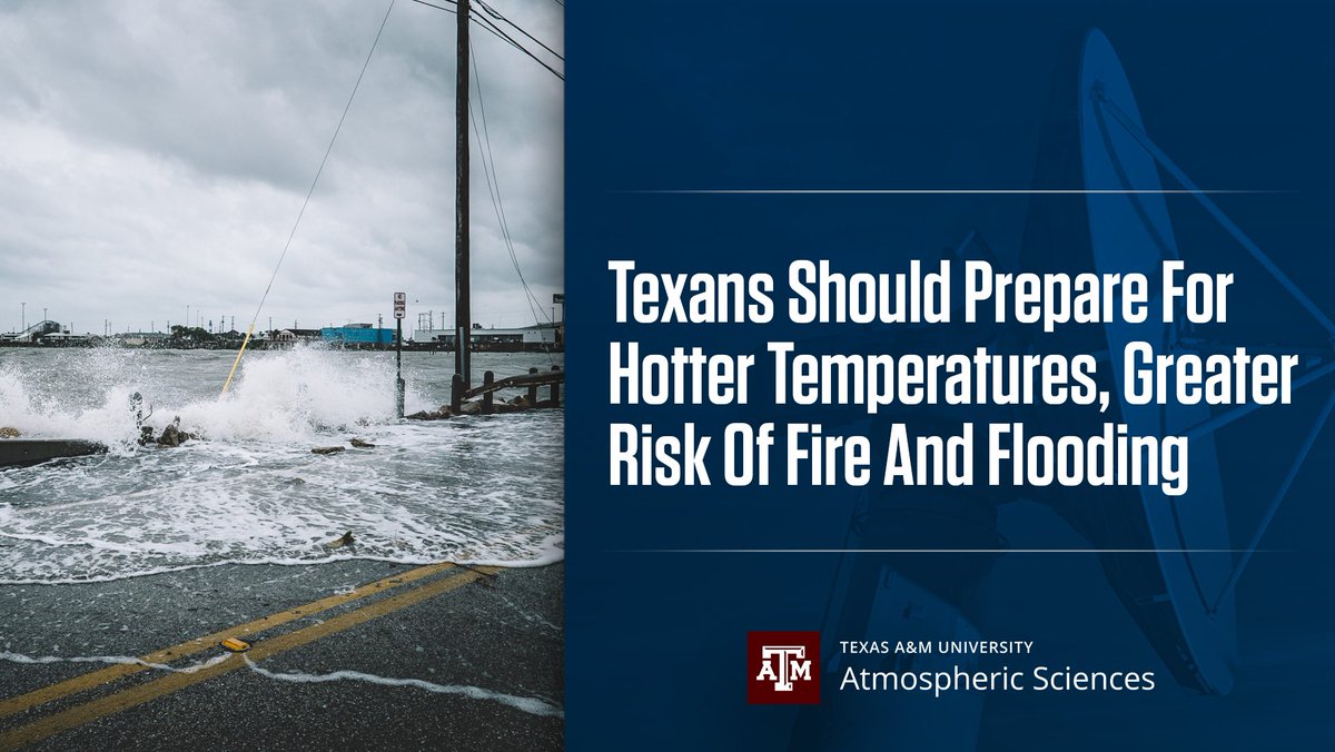 As @TAMU Today highlights in a new article, a 2024 @TAMU_ATMO climate report shows a dramatic rise in 100-degree days, while the dangers posed by hurricanes, droughts and other extreme weather conditions are growing in Texas. Read more: today.tamu.edu/2024/04/30/tex…