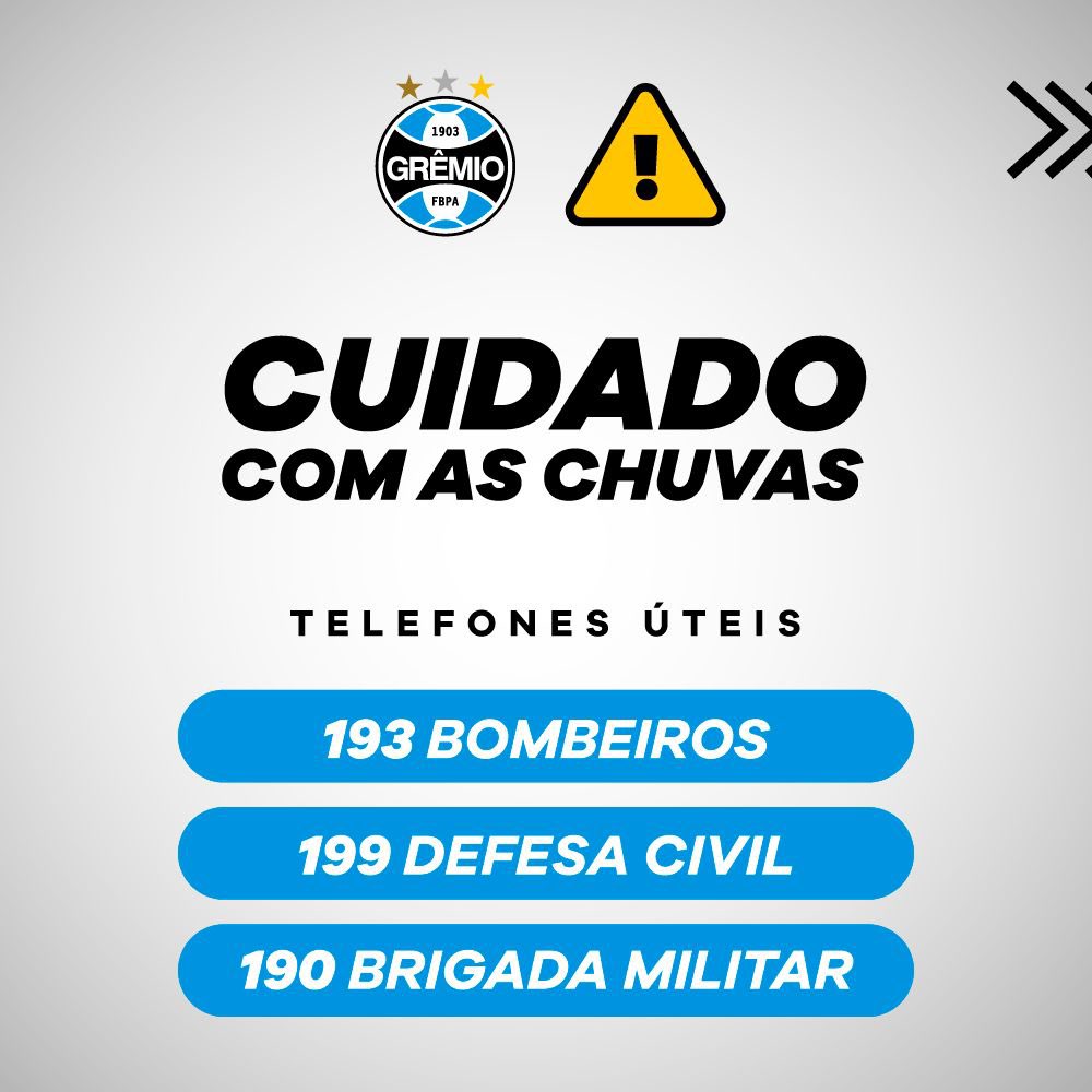Gremio's tweet photo. ⚠️ ATENÇÃO! As fortes chuvas já atingiram milhares de famílias no Rio Grande do Sul! Se precisar, busque ajuda pelos telefones úteis das equipes de suporte. 

👉🏽 Não esqueça de cadastrar o seu celular mandando um SMS para 40199 com o seu CEP para receber os avisos da Defesa Civil.