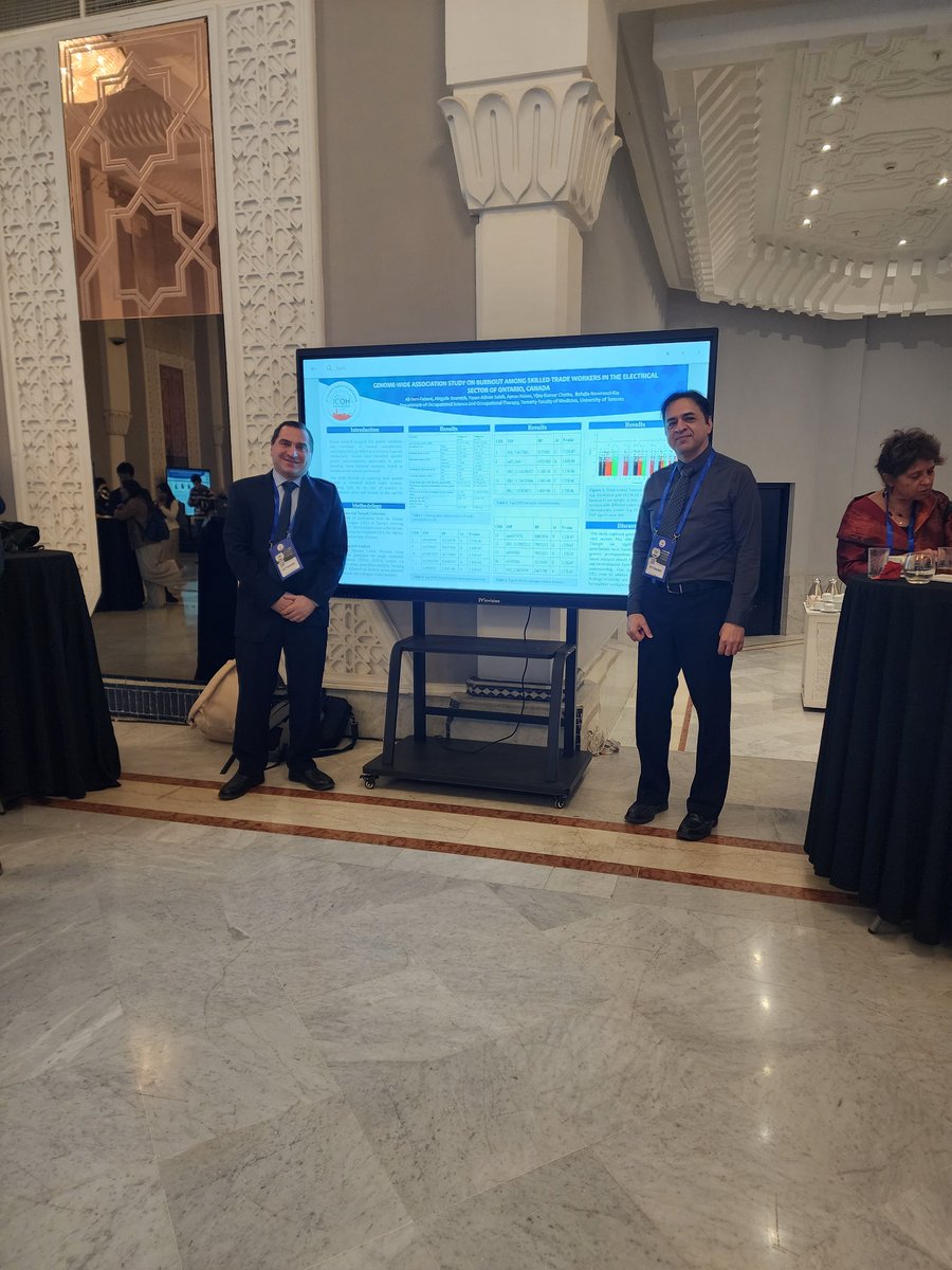 Day 4 of the 34th #ICOHConference in Marrakesh, Morocco finds @behdin & @FatemiBani discussing our findings beside the abstract, delving into #OccupationalHealth and #MentalHealthResearch. Proudly endorsed by @OELeague.