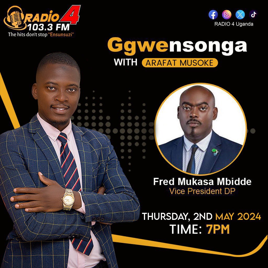 Don't Miss #Ggwensonga with @musokearaphat at 7 PM. Hon. @Mbidde is our guest today. Please tune in to 103.3 FM and join the conversation. #Radio4UG