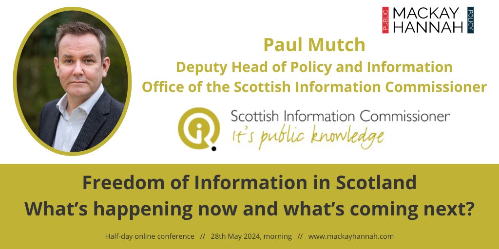 Paul Mutch, Deputy Head of Policy and Information, Office of the Scottish Information Commissioner @FOIScotland will be looking at best practice and improving practice.

Find out more tinyurl.com/yc39ydrp. Book your place and get 3 for 2. #FOI #FreedomOfInformation