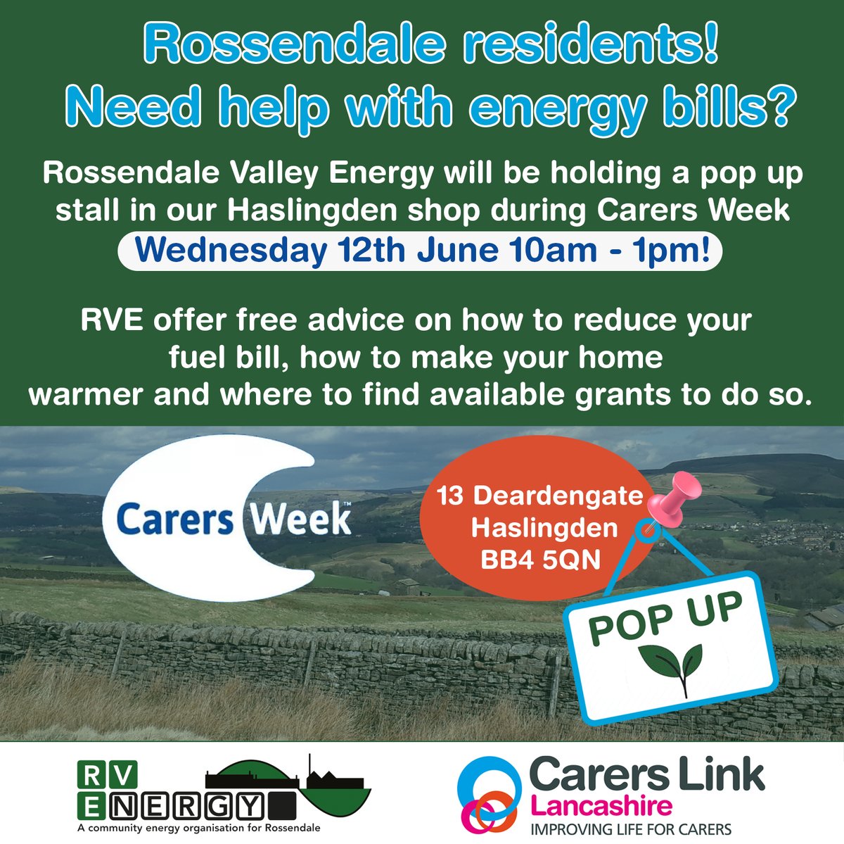 Rossendale Valley Energy are holding their monthly pop ups at our Haslingden shop for the month of June during Carers Week! Pop into the shop on 12th June from 10am - 1pm to ask for free advice on reducing your energy bills and grants for carers and your home.