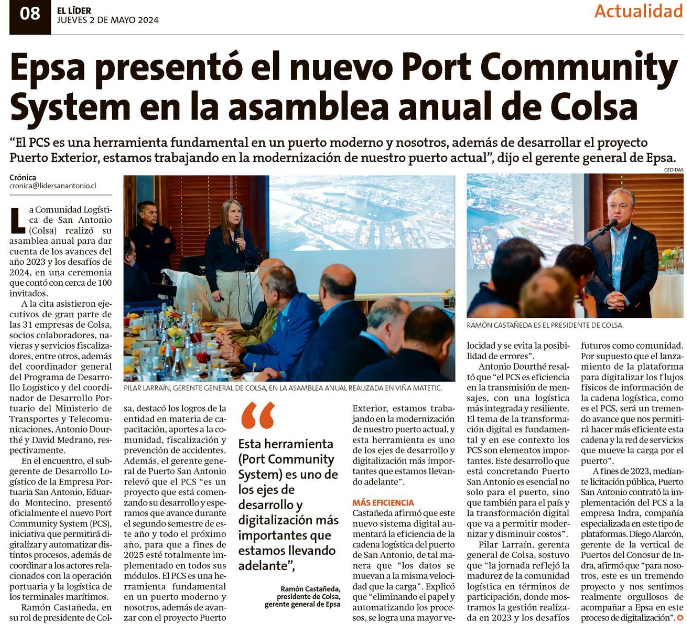 ColsaSAI's tweet photo. El pasado martes 30 de abril, #Colsa desarrolló su asamblea anual de socios, donde se rindió cuentas del pasado año 2023. Además, Puerto San Antonio presentó el nuevo #PCS.
Link noticia Diario El Líder: https://t.co/0jY2mhkGwU https://t.co/qLZ16GYPxo