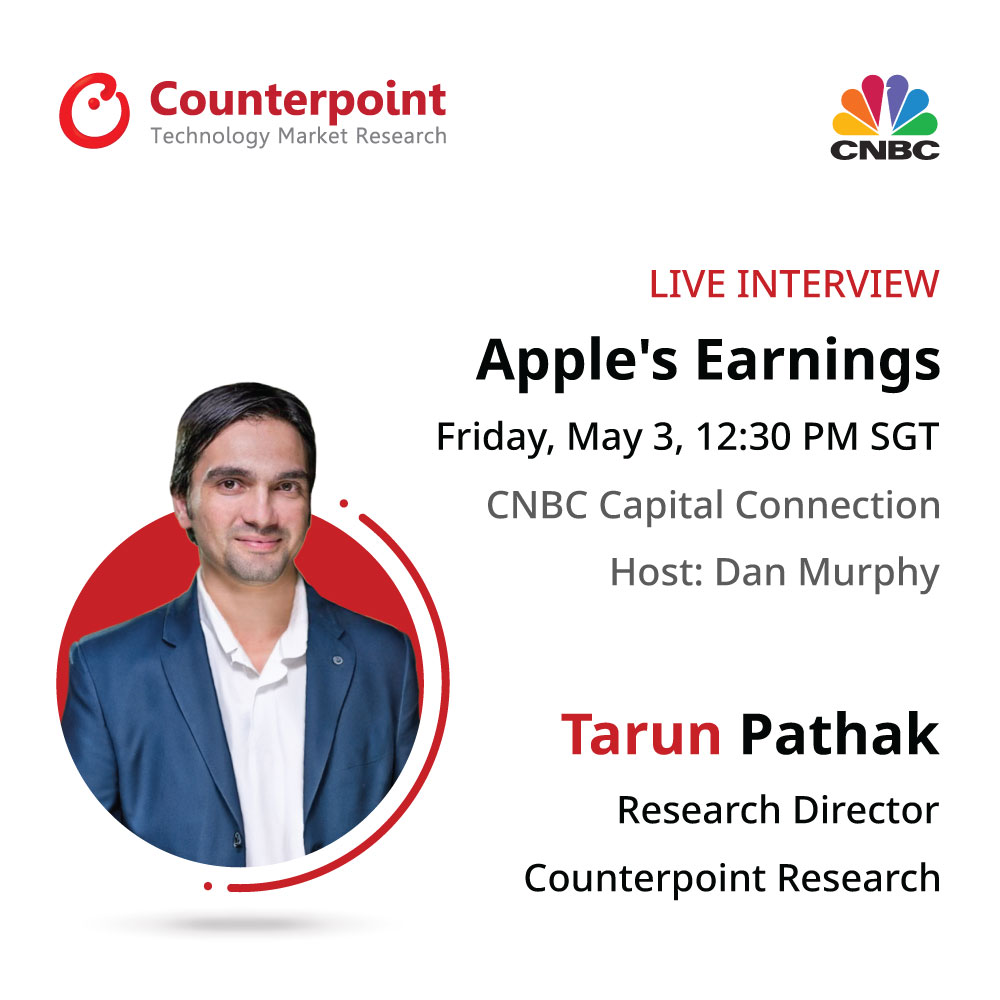 Join our Research Director, @Tarunpathak, for a live interview on @CNBC Capital Connection discussing @Apple's earnings. The interview will be hosted by @dan_murphy and will air live on Friday, May 3 at 1230 PM SGT. #Apple #Earnings #CNBC #Technology #Research #Industry
