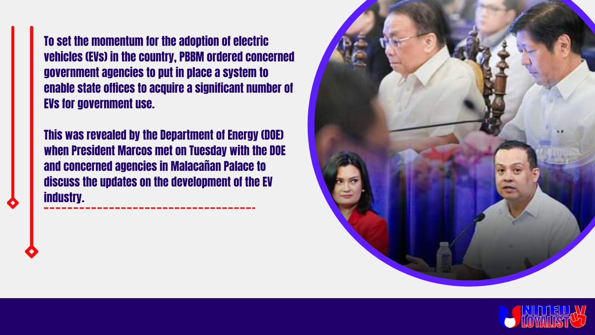 To set the momentum for the adoption of electric vehicles (EVs) in the country, PBBM ordered concerned government agencies to put in place a system to enable state offices to acquire a significant number of EVs for government use.