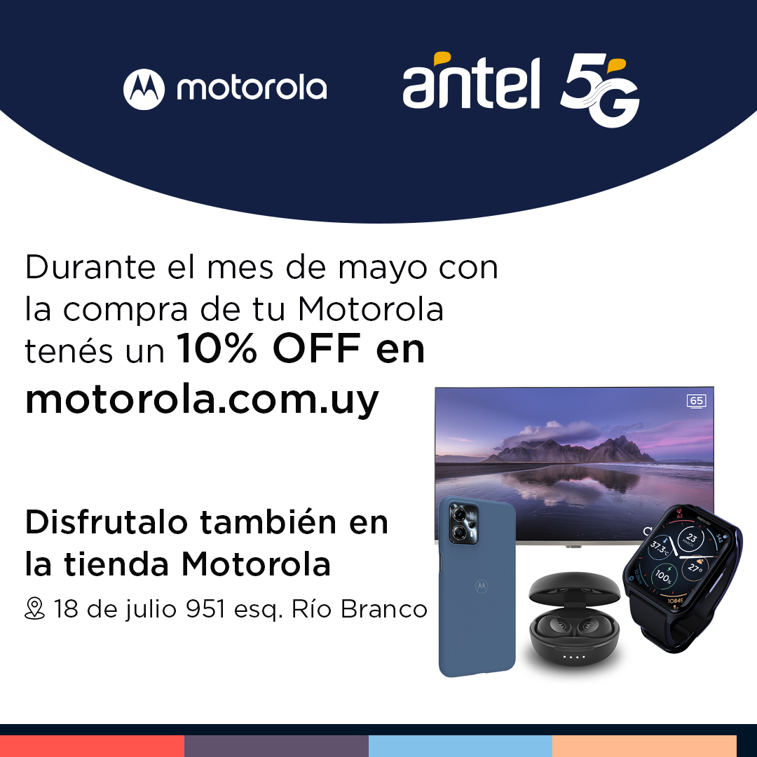 Comprando tu Motorola en Antel, obtenés un 10% de descuento en accesorios en las tiendas Motorola (física y virtual). 🎁✨👉 Conocé más en motorola.com.uy