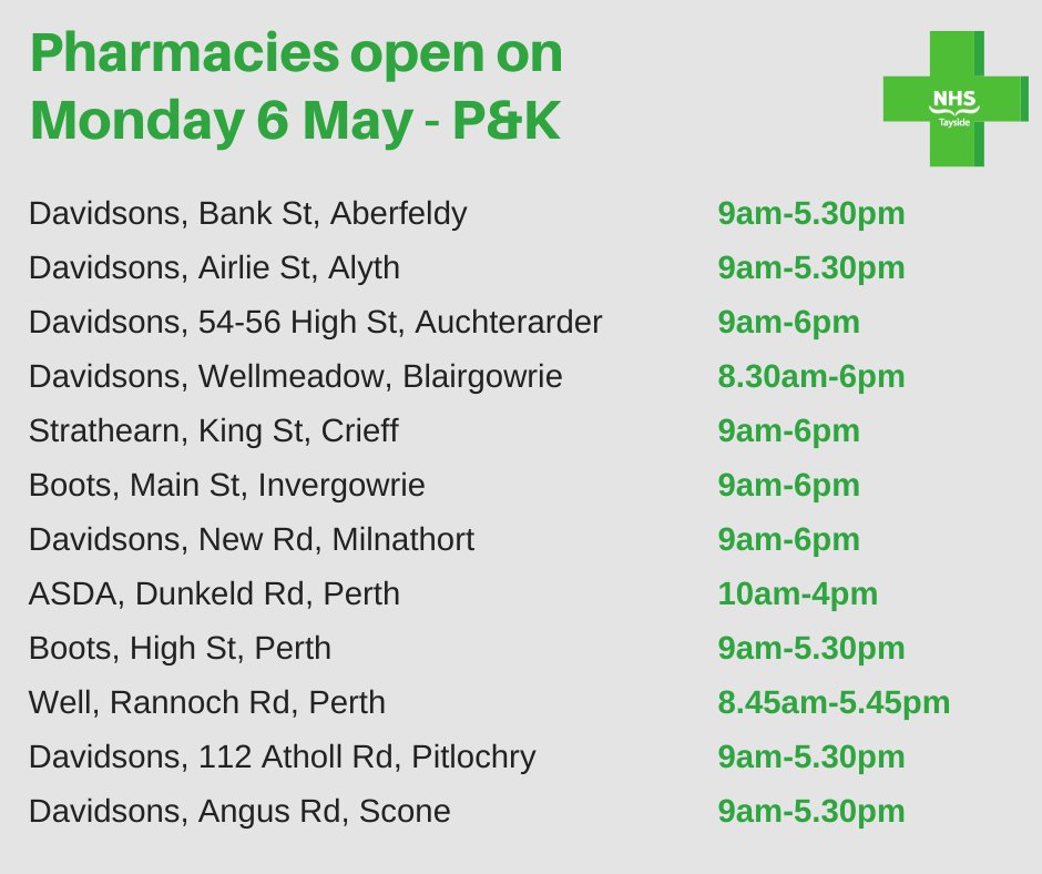 Most GPs in Tayside will be closed today (Monday 6 May). Please check your practice’s opening times. Community pharmacies can offer advice and treatment for many illnesses. Swipe ➡️ for pharmacies open today. Find out more ➡️ rightcaretayside.scot.nhs.uk