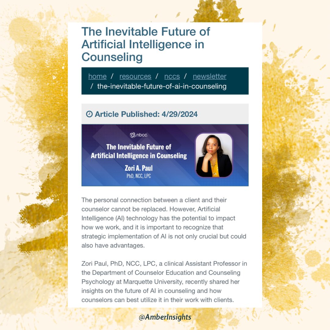 🤖 Whether you like AI/plan to use it in your clinical work/would not even touch it with a 10-foot pole, all counselors must be aware of what AI is & its ethical considerations in counseling. 🔗 Check out my feature on AI here: nbcc.org/resources/nccs… #CounselorEd