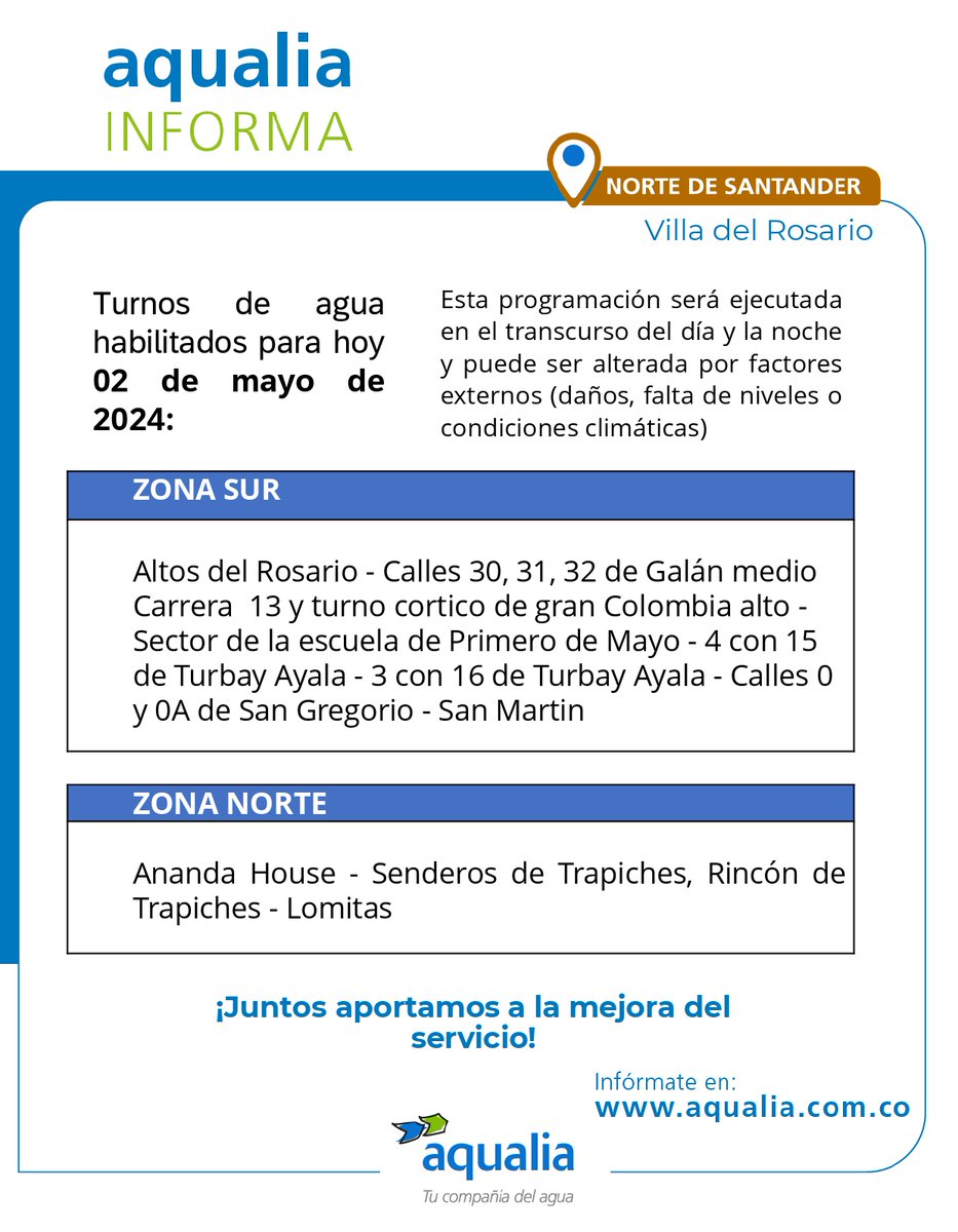 #AqualiaCol_Informa 🇨🇴 | 2 de mayo #NortedeSantander 📣 Infórmate aquí con nuestro último para #VilladelRosario.

#AqualiaColombia