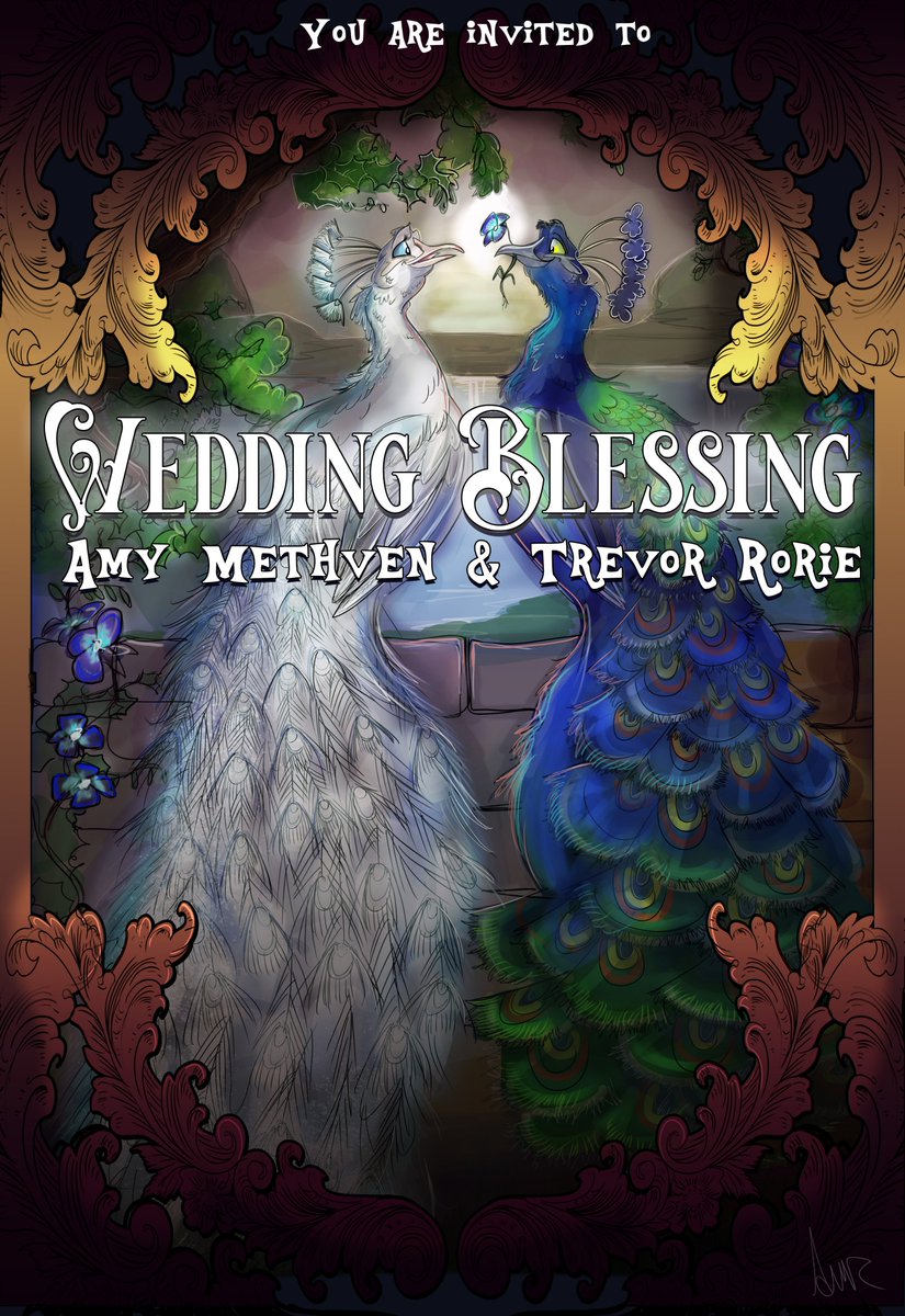 For our Wedding Blessing, we designed and created the invitations ourselves, following a victorian bird theme featuring peacocks. :)