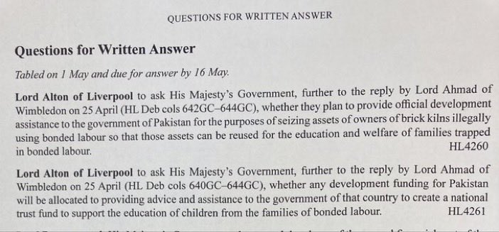 My questions today @UKParliament about getting justice and better life chances for Pakistan’s brick kiln workers. @tariqahmadbt @David_Cameron @JimShannonMP @APPGPakMin @voice_minority @JavaidRehman @UK_FoRBEnvoy