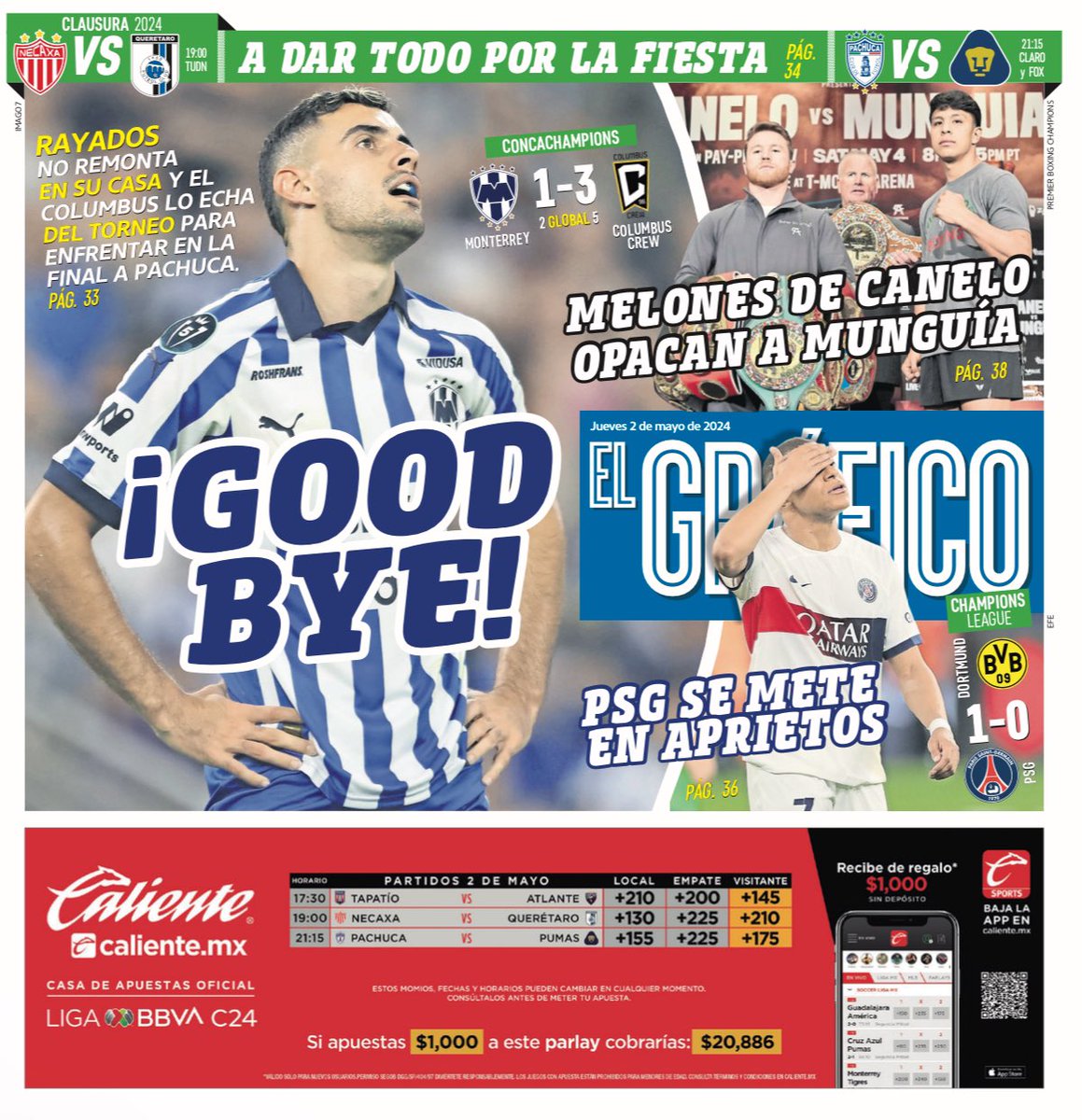 ☀️ ¡Buenos días! #FelizJueves para todos nuestros lectores | Hoy en #Contraportada de #ElGráfico: 📍Rayados no remonta en su casa y el Columbus lo echa de torneo #Concachampions 📍 Melones de Canelo opacan a Munguía 📲 Más noticias: elgrafico.mx