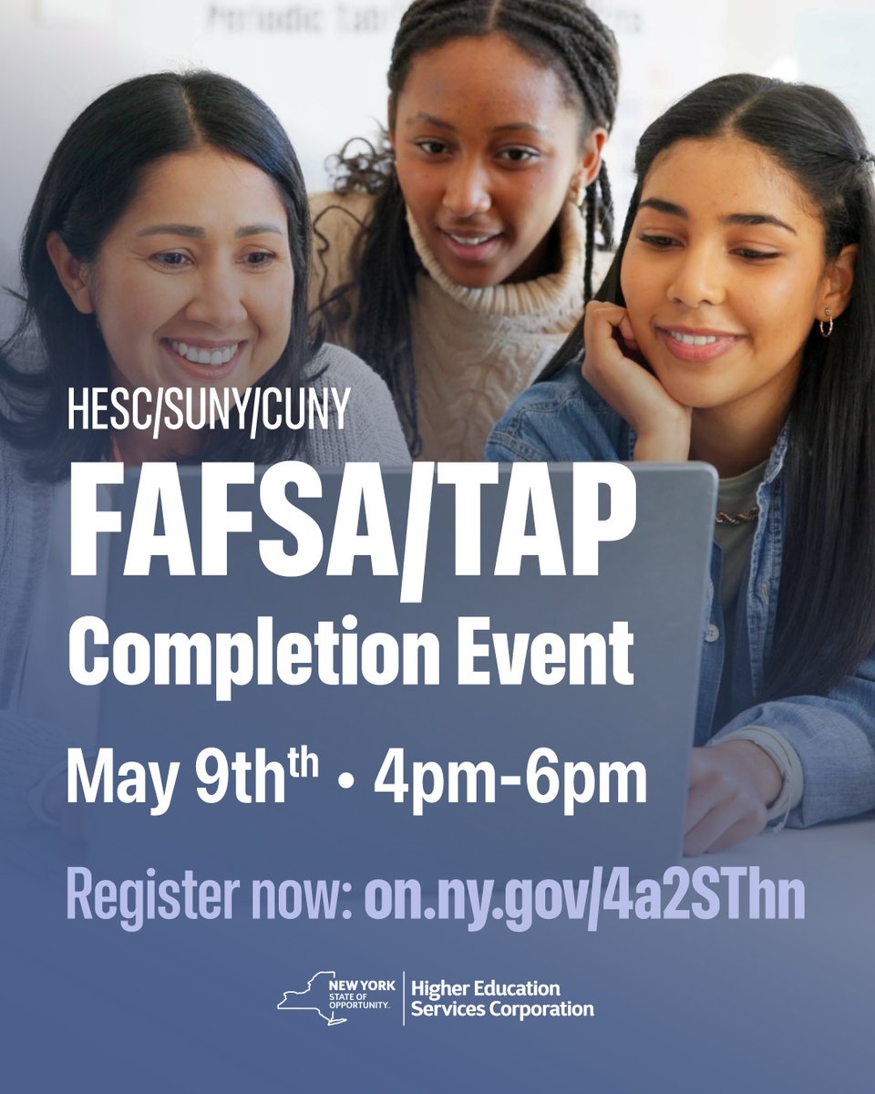 Students! Join one of the many in-person or virtual FAFSA/TAP completion events below to get one-on-one help from financial aid professionals who can walk you through the application process. Get help: on.ny.gov/4a2SThn #FAFSA #TAP #SUNY #CUNY #HESC #NYS