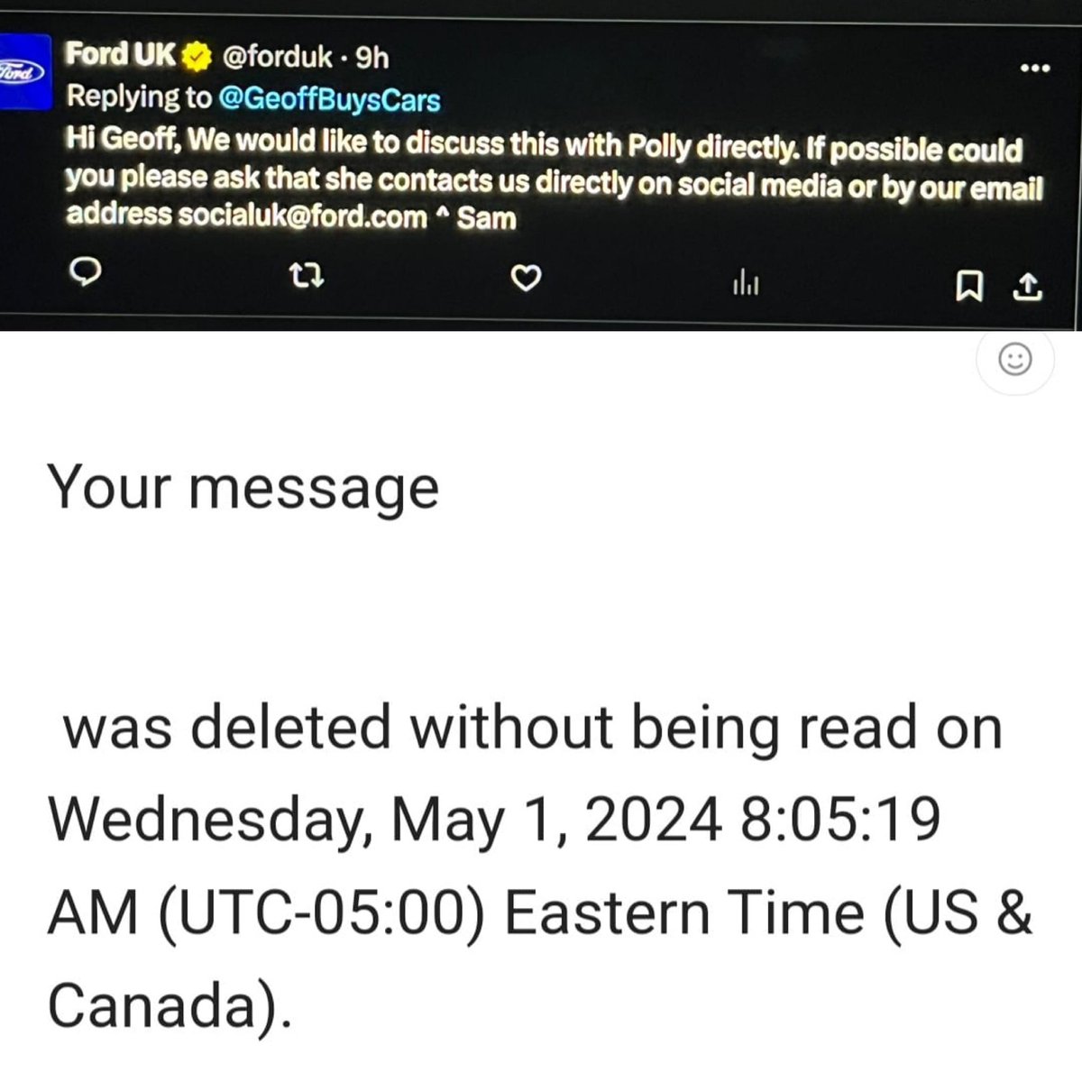 Hey @forduk can you please get back to Pollie re: her 6 vans that are laid up with wetbelt problems?

I'm sure there is a valid reason that BOTH of her emails to you have been deleted without being read....?

Cheers.

Concerned citizen.