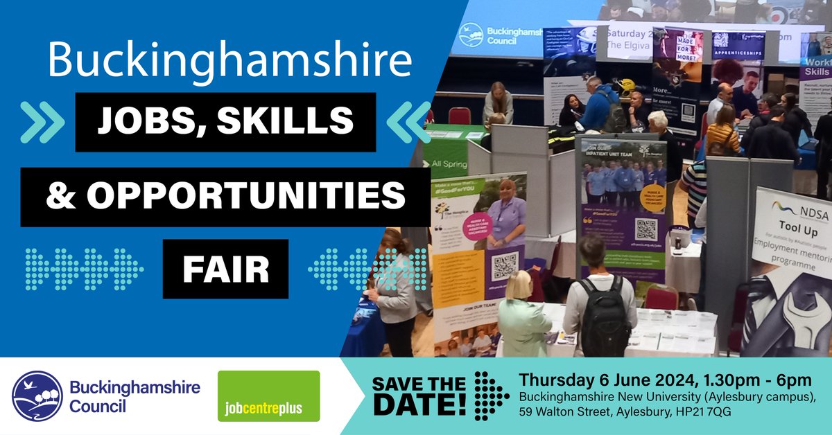 Promote your job vacancies to talented local people at the Buckinghamshire Jobs, Skills & Opportunities Fair on Thursday 06 June 2024, 1:30pm to 6pm, at Buckinghamshire New University, Aylesbury campus. Contact us now by email to secure your stand: jobsfair@buckinghamshire.gov.uk