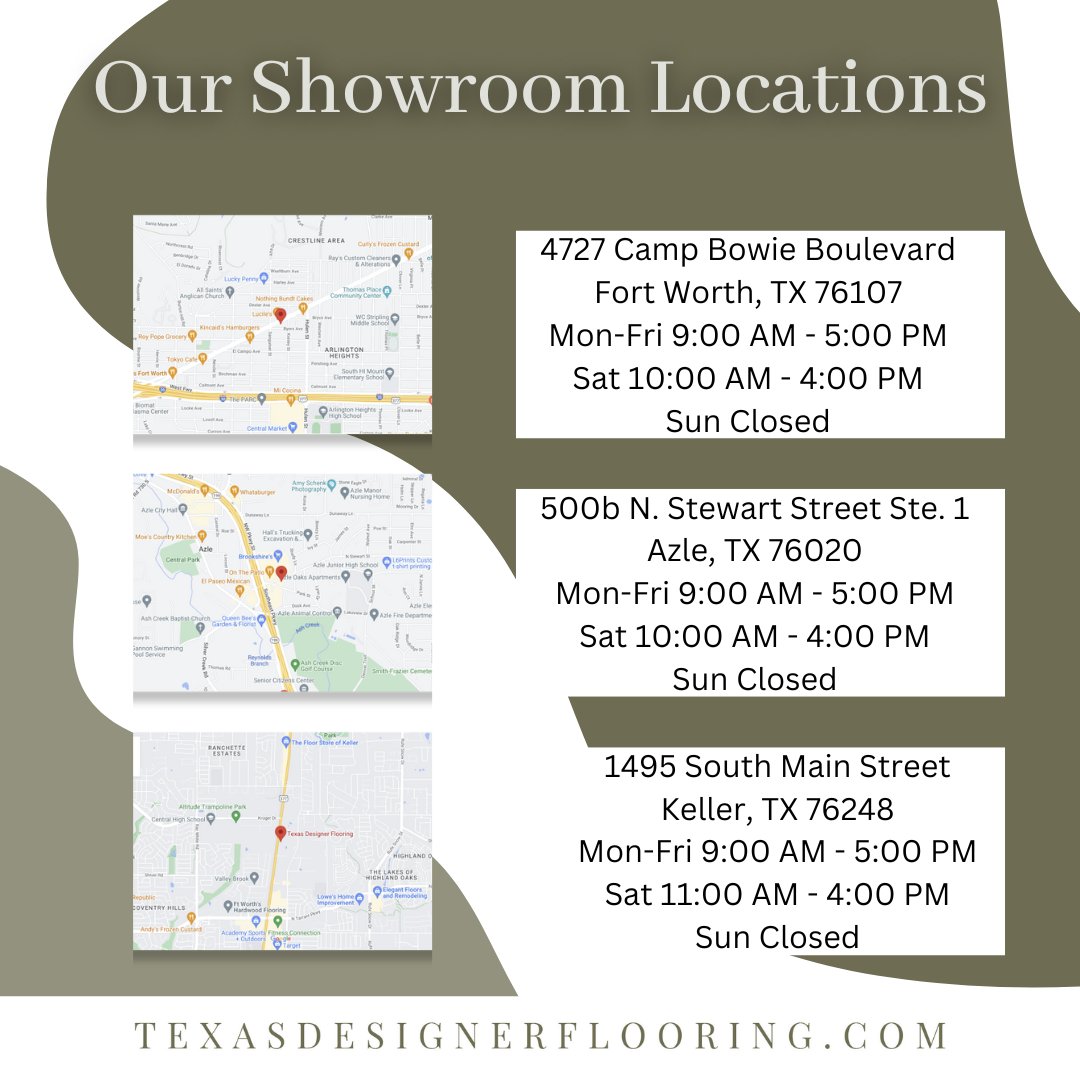 Here are all of our showroom locations! We hope to see you in the store soon!

#NewFlooring #2024FlooringTrends #Flooring #TexasFlooring #CustomTile #Backsplash #TileShower #CustomAreaRug