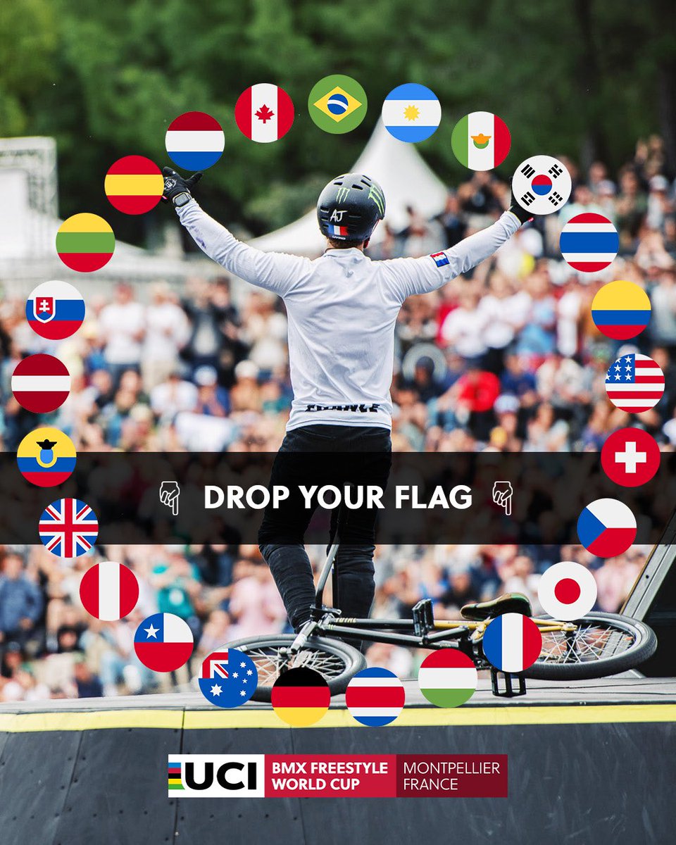 Time to represent! 🙌

Drop the flag of who you’re backing at round 2️⃣ of the UCI BMX Freestyle World Cup in Montpellier. 👇

#BMXFreestyle #BMXFreestyleWC