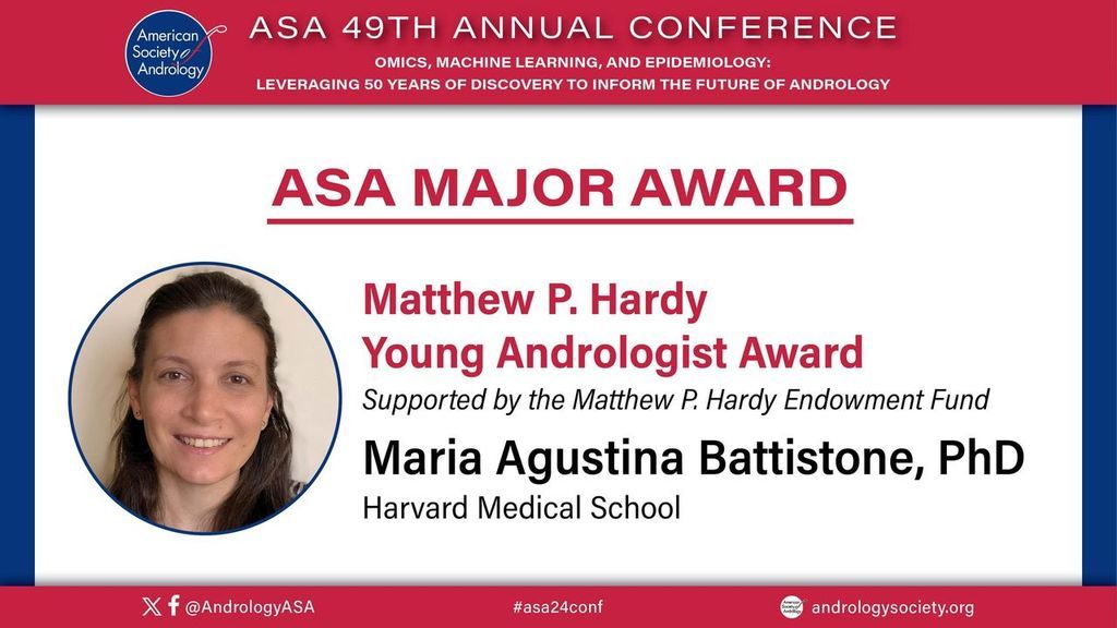 Congratulations to Maria Agustina Battistone, PhD for winning the Matthew P. Hardy Young Andrologist Award at the #ASA24Conf!