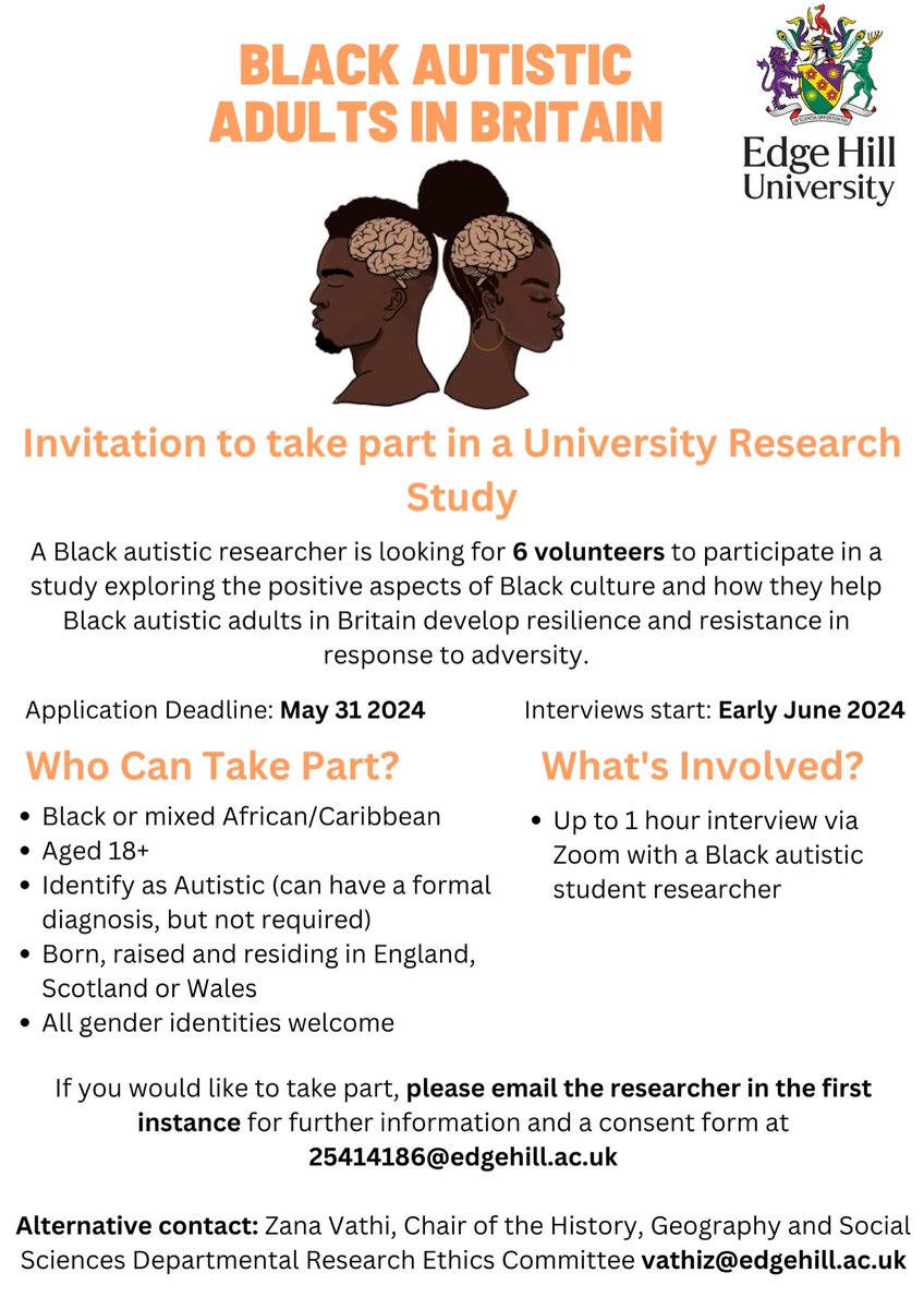 Calling Black Autistic Adults in Britain 🇬🇧 I’m looking for 6 volunteers to participate in 1:1 zoom interviews. Together we will explore the strengths of Black culture in helping Black British autistics recover from adversity related to our race & disability.