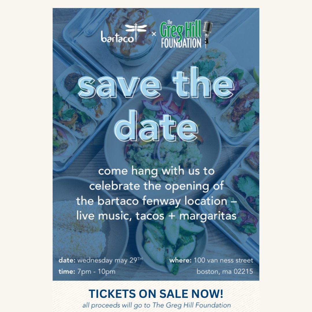 Join us for delicious bites, cocktails, live music, and more at bartaco Fenway! Tickets are on sale NOW! There are only 50 tickets available so secure your spot today🌮

*The event is limited to guests 21 years of age or older with valid ID*

More info: classy.org/event/the-greg…