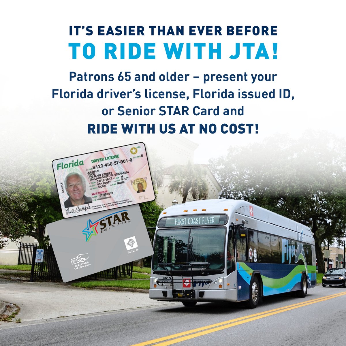 Did you know that seniors can ride JTA for free? Patrons 65 and older who present a Florida Driver’s License, state-issued identification, or a Senior STAR Card can ride any fixed route bus free of charge! For more info, visit bit.ly/3xYejPs! #JTA #Jax #RideForFree