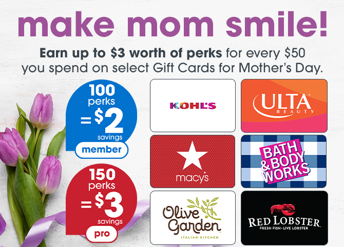Treat mom this Mother's Day! Earn more perks for every $50 you spend on select Gift Cards, in-store and online. Valid 5/2/24 through 5/12/24 💐 Learn more here: giftcard.gianteagle.com