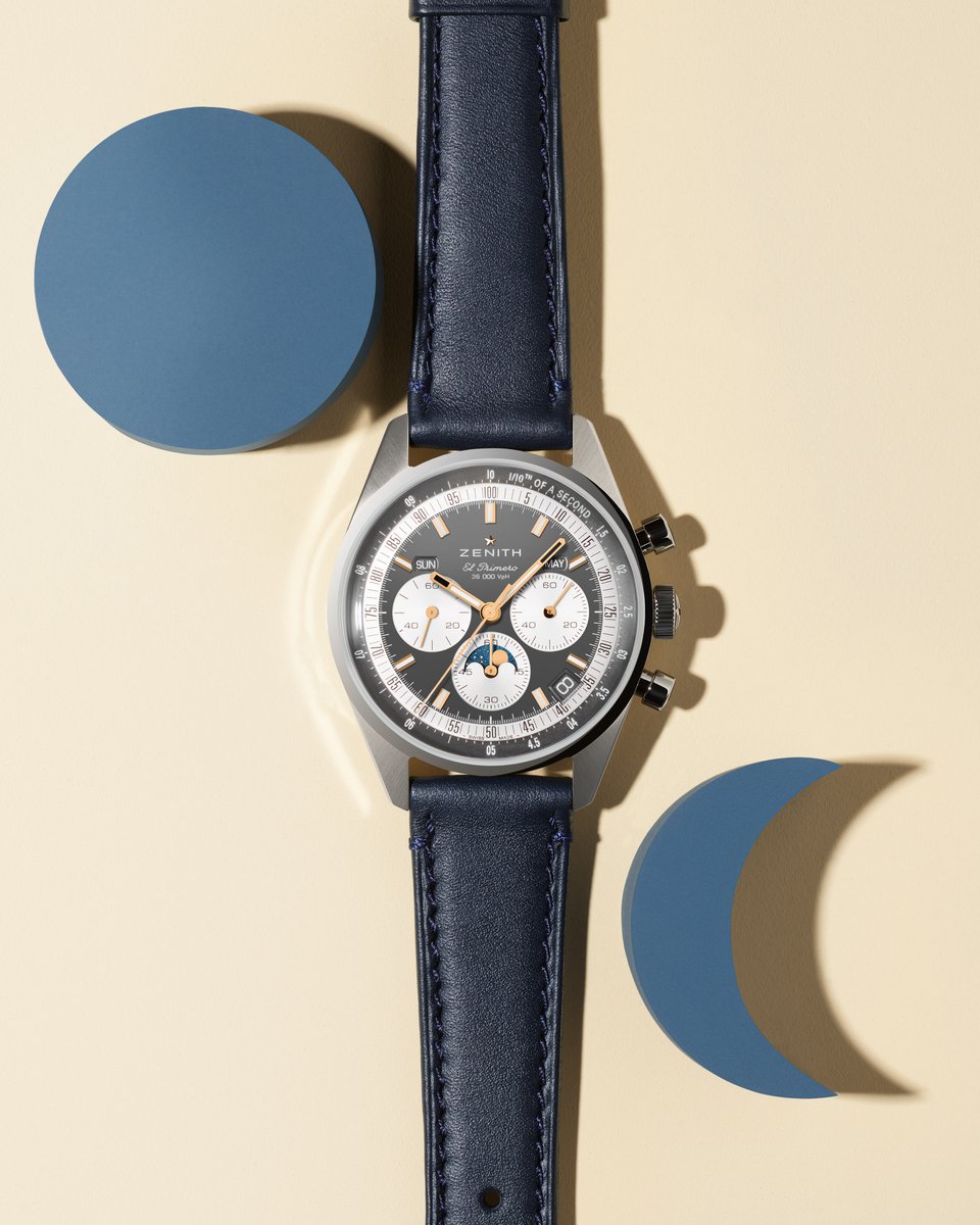 #ChronomasterTripleCalendar: Inspiring you to reach your star every day. Crafted in a 38mm steel case with blue calfskin strap, paired with a sunburst slate-grey dial displaying the day, date month and moonphase.

#Zenith #ZenithWatches #ZenithChronomaster #ElPrimero