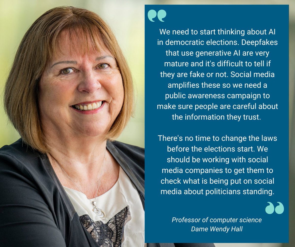 Does #ArtificialIntelligence threaten our elections? Listen to Dame Wendy Hall @DameWendyDBE on @BBCr4today's podcast explain the dangers of deepfakes and how AI might affect democracy📻👇 bbc.co.uk/sounds/play/p0…