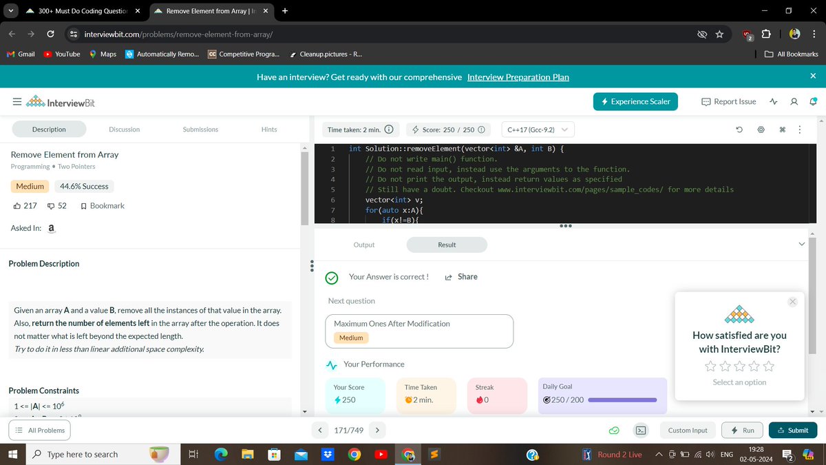 Hello All, I have completed #Day121 of #365DaysofCode Challenge with
@scaler_official

Today I have solved the question : Remove Element from Array 
discord community link : discord.gg/scaler-by-inte……… #scalerdiscord#codewithscaler#365daysofcodescaler#365daysofcodescaler