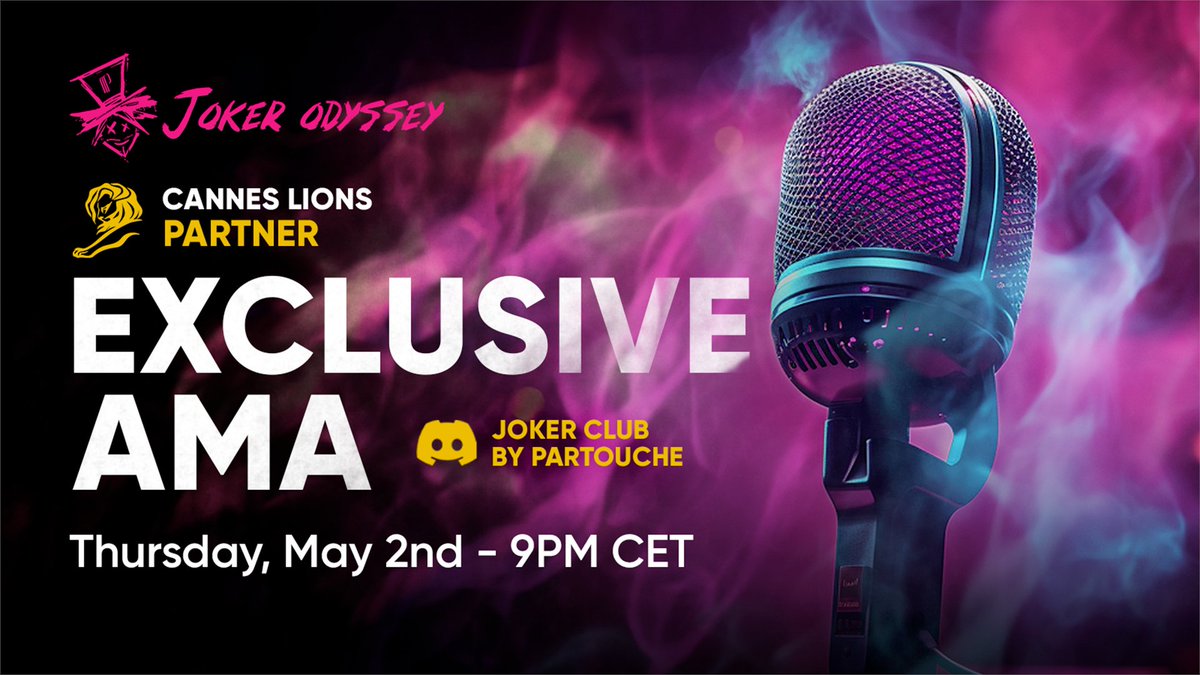 Exciting news! 🎙️ 
Join the exclusive AMA hosted by Joker Odyssey, a Cannes Lions partner, on May 2nd, 9PM CET. Don't miss out! 

Join us : bit.ly/3TdlLgu

#JokerOdyssey #CannesLions #AMA'