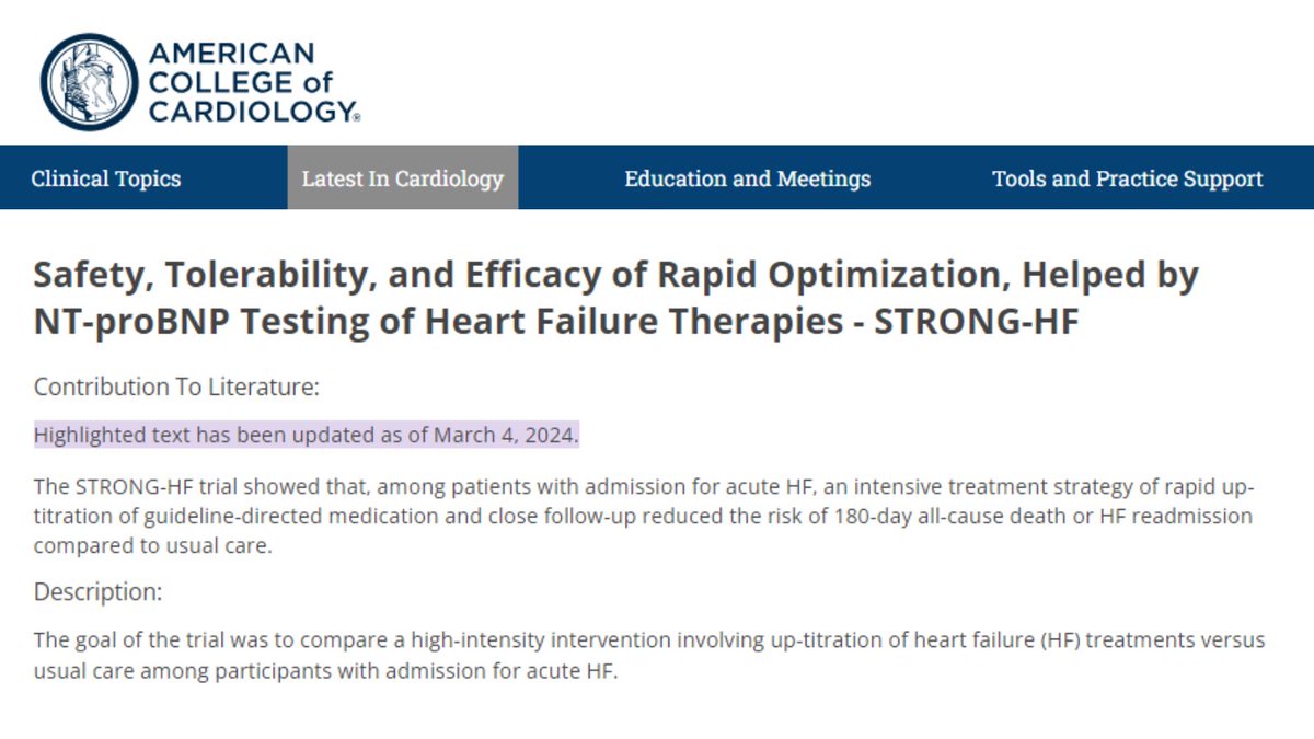 The goal of the STRONG-HF trial was to compare a high-intensity intervention involving up-titration of HF treatments v. usual care among participants w/ admission for acute HF. Read updates to the degree of GDMT achieved & outcomes of the trial: bit.ly/3Hf8f7u #CardioX
