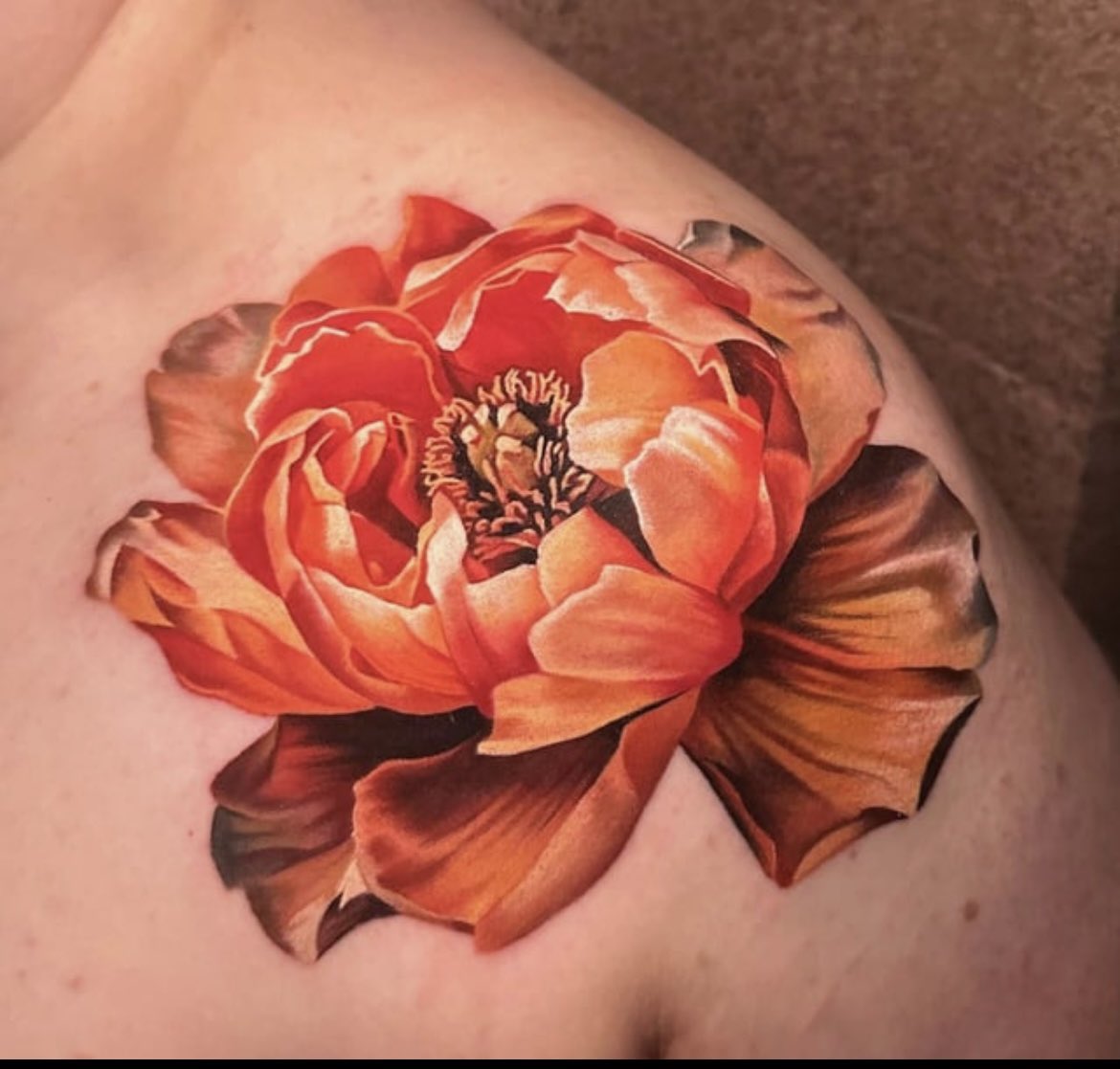 Shoulder Peony done by Gela at Obsidian Moon Tattoo, Goffstown, NH