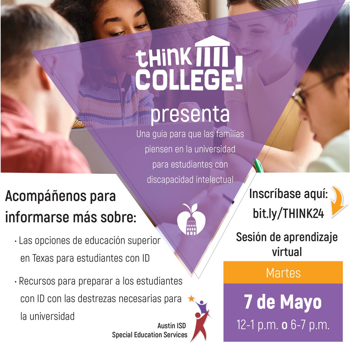 Think College! Presents: A Family Guide to Thinking College for Students with Intellectual Disability. 🗓️ Tuesday, May 7 ⏰ 12-1 p.m. or 6-7 p.m. 💻 Bit.ly/THINK24