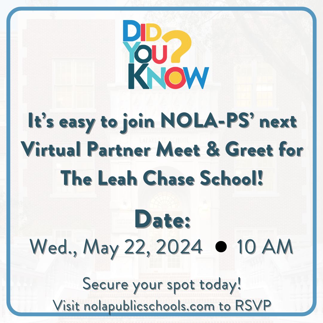 #DidYouKnow? 🌌 You can join the final Virtual Partnership Meeting for The Leah Chase School, happening on May 22l! 🎉 Learn how you can be involved in our new school! 🤔 Secure your spot today by clicking the link in our bio. See you there! 📝 #LeahChaseSchool #Collaboration