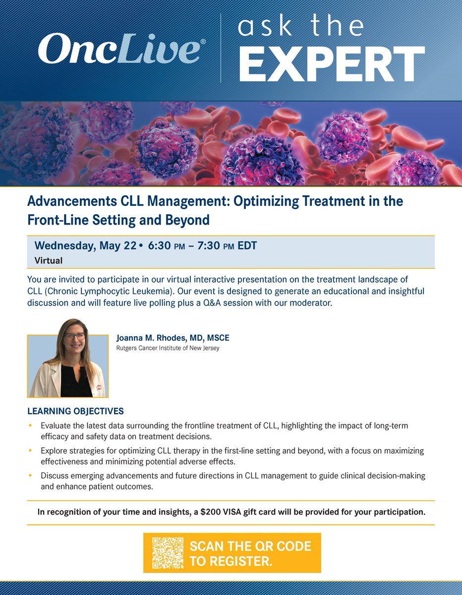 Join @RutgersCancer expert, Dr. Joanna Rhodes @drjoannarhodes1 Wed, May 22 at 6:30 pm EDT for Advancements CLL Management: Optimizing Treatment in the Front-Line Setting and Beyond. globalmeet.webcasts.com/starthere.jsp?… #CLL #CLLSM #Leukemia #BloodCancer @RWJBarnabas @RWJUH @OncLive
